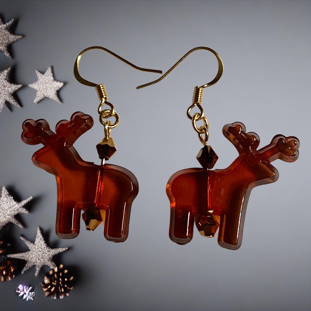 Handmade Earrings Reindeer Holiday Dangle Brown Jewelry Christmas Pierced - Picture 2 of 6